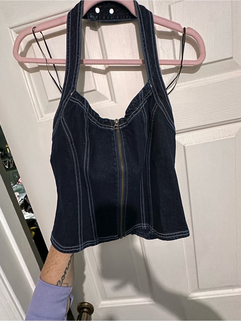 NWT Pilcro Anthropologie Dark Blue Denim Zip Front Halter Tank